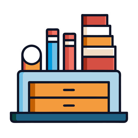 Bookshelf with drawers, vector illustration, filled color styleのイラスト素材