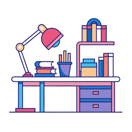 Colorful Desk Setup with Lamp, Books, and Shelvesのイラスト素材