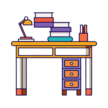 Colorful Cartoon Desk with Books and Lamp Illustrationのイラスト素材