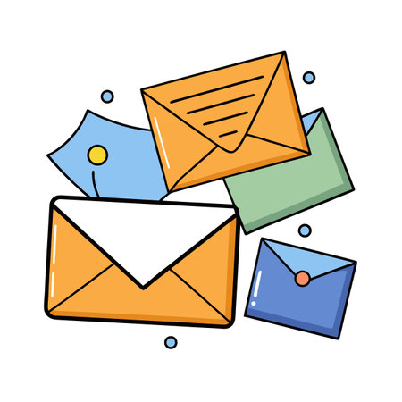Colorful Cartoon Envelopes and Letters Floating Designのイラスト素材