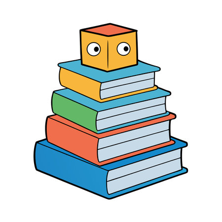 Stack of Colorful Books with a Cute Block Characterのイラスト素材