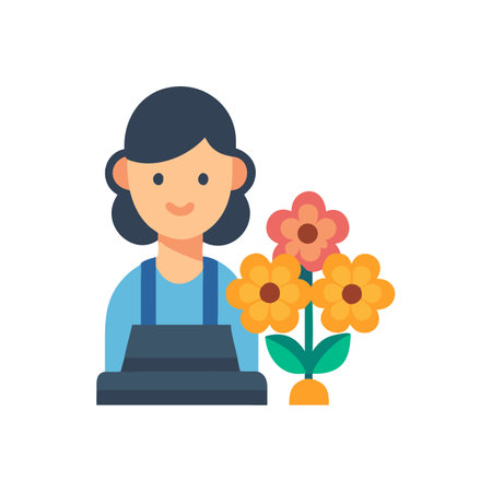 Cute Florist Girl with Flowers Icon Illustration Vectorのイラスト素材