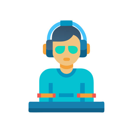 DJ icon with headphones playing music at consoleのイラスト素材
