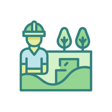 Construction Worker with Trees and Building Illustrationのイラスト素材