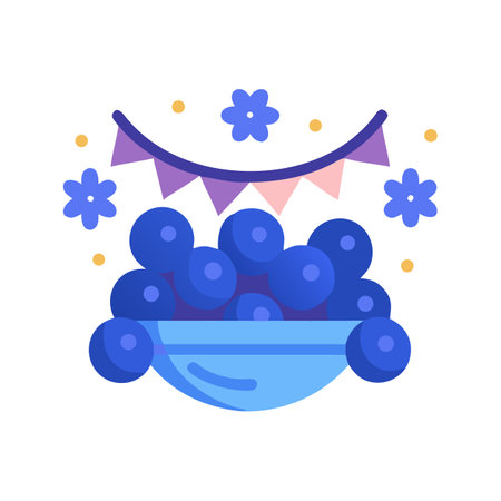 Bowl of Blueberries with Bunting, Flowers, and Dotsのイラスト素材