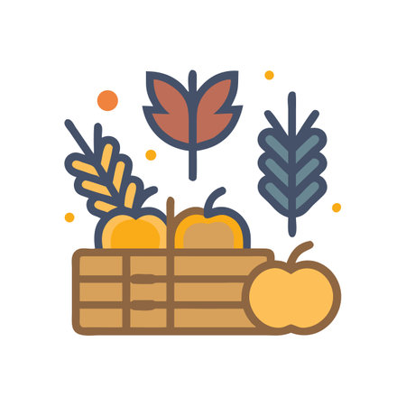 Harvest time: Apples and wheat in a wooden basketのイラスト素材