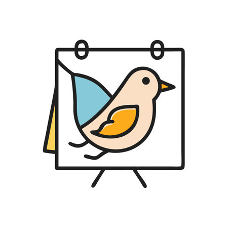 Colorful bird illustration on easel against black backgroundのイラスト素材