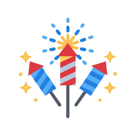 Colorful Cartoon Firework Rockets Illustration on Black Backgroundのイラスト素材