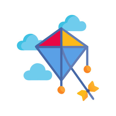 Colorful kite flying high among fluffy blue cloudsのイラスト素材