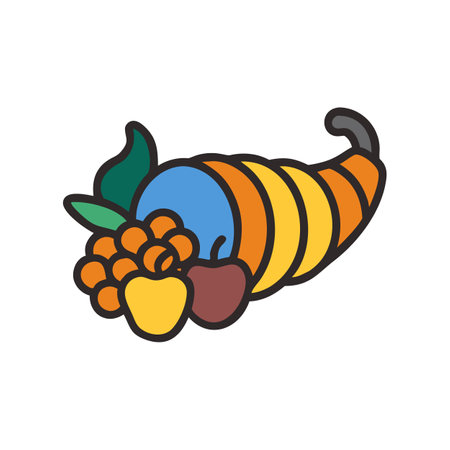 Colorful Thanksgiving Cornucopia with Autumn Harvest on Blackのイラスト素材