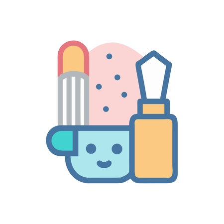 Makeup bag with cute face lipstick powder brushのイラスト素材