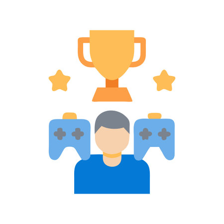 Gaming champion achieving victory with gaming controllers and stars