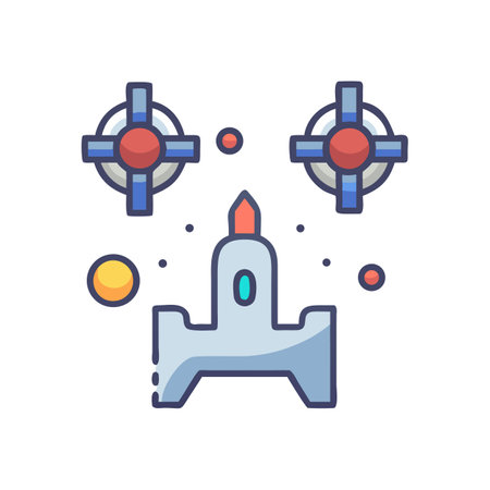 Stylized Spacecraft Surrounded by Targets and Space Debrisのイラスト素材