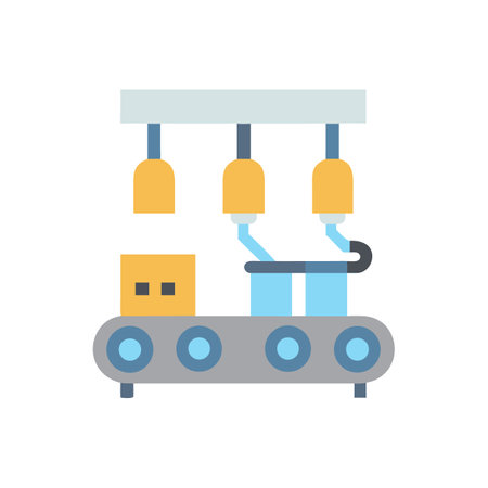 Automated production line with robotic arms, packaging systemのイラスト素材