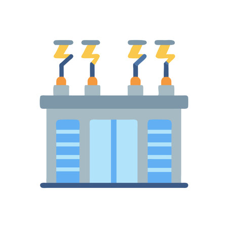 Electrical substation with lightning illustration, vector on black backgroundのイラスト素材