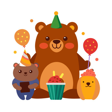 Cartoon Bears Celebrating Birthday with Balloons and Cupcakeのイラスト素材