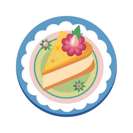 Decorative cheesecake slice with flower on a patterned plateのイラスト素材