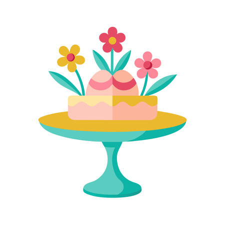 Colorful cake with flower decorations on pedestal tableのイラスト素材