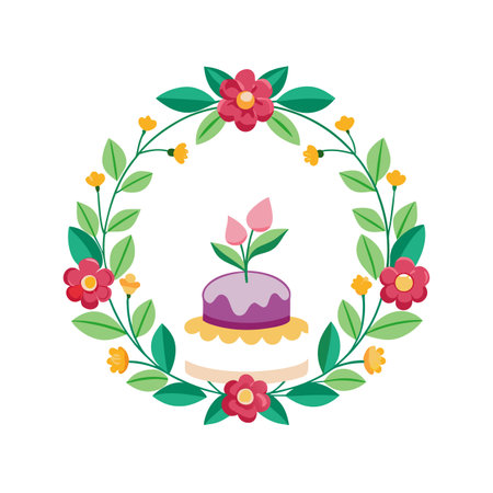 Floral wreath with cake, birthday or wedding illustrationのイラスト素材