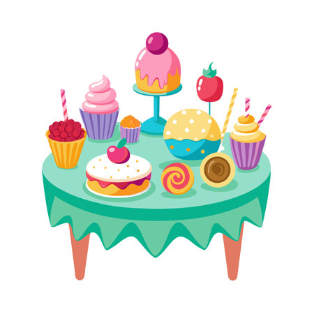 Cartoon Dessert Table with Cupcakes and Candy Illustrationのイラスト素材