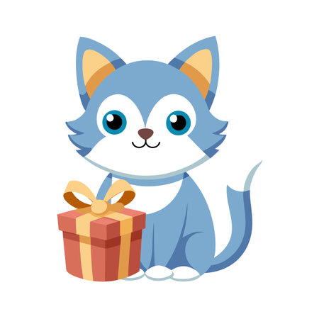 Cute Cartoon Cat with Present Gift Illustrationのイラスト素材