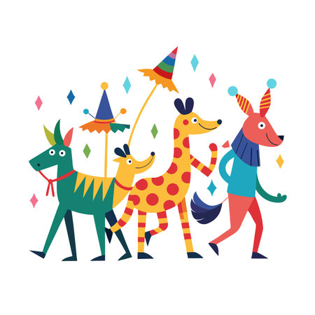 Colorful Cartoon Animal Parade with Hats and Diamondsのイラスト素材