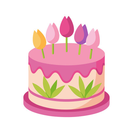 Floral Birthday Cake with Tulips Illustration Vector Image