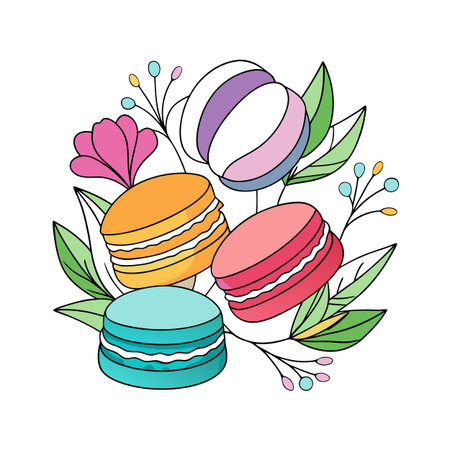 Colorful Macarons and Flowers Digital Illustration for Printのイラスト素材