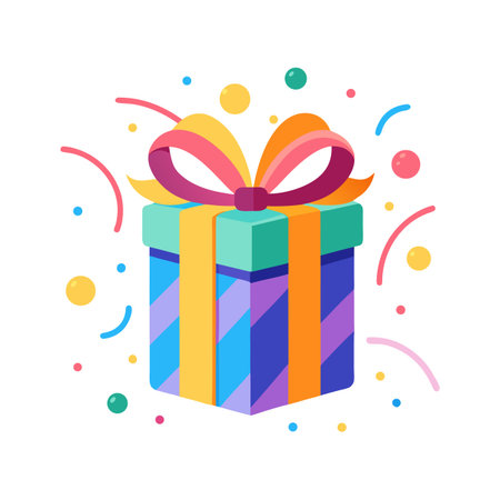 Bright vector gift box with bow and confettiのイラスト素材