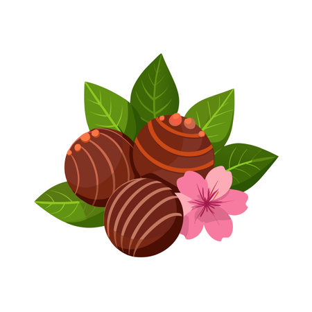 Chocolate Truffles with Flower and Green Leaves Illustrationのイラスト素材