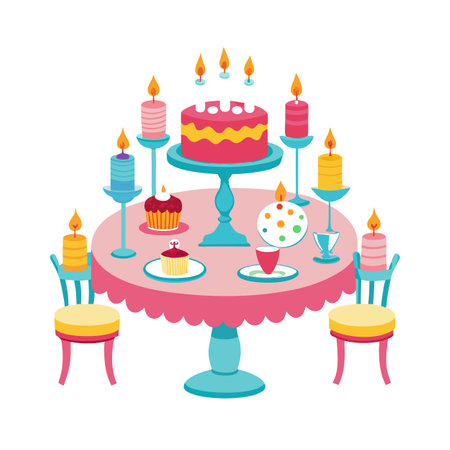 Colorful birthday party table with cake and candlesのイラスト素材