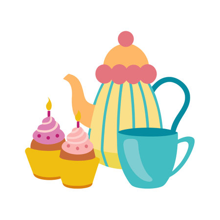 Cartoon Teapot, Cup, and Cupcakes for Tea Timeのイラスト素材