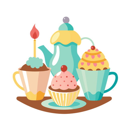 Celebration Tea Party: Cartoon Teapot and Cupcakes Illustrationのイラスト素材