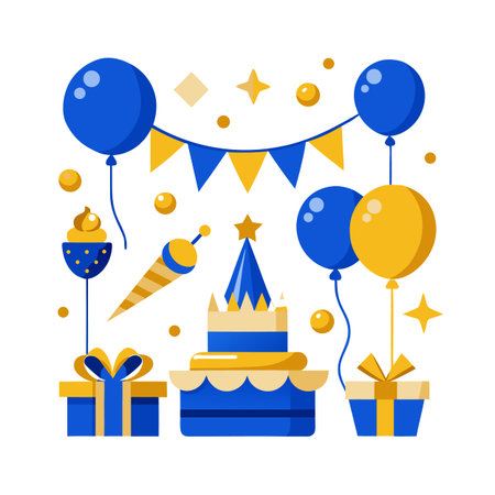 Festive Birthday Party Elements in Blue and Yellowのイラスト素材