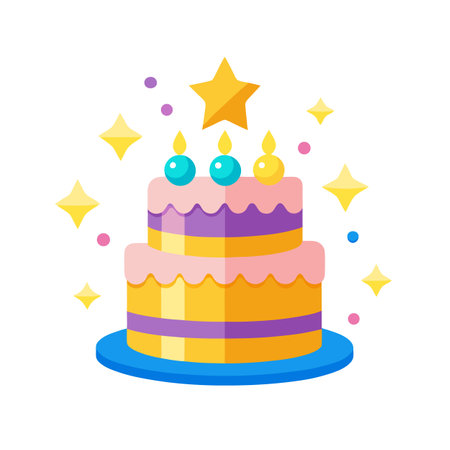 Colorful Two-Tiered Birthday Cake with Star and Candlesのイラスト素材