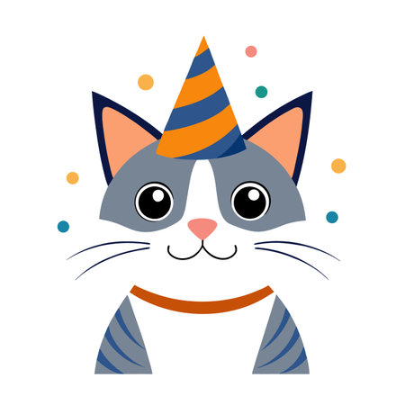 Cartoon cat wearing birthday hat celebrating festive partyのイラスト素材