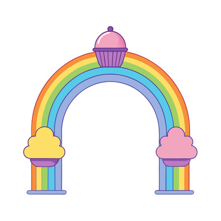 Cute rainbow with cupcake arch, clouds, and pastel colorsのイラスト素材