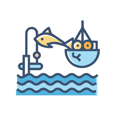 Fishing vector icon on water with fish caughtのイラスト素材