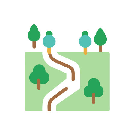 Cartoon river through a field with green treesのイラスト素材