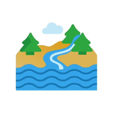 Cartoon River Landscape with Trees and Single Cloudのイラスト素材