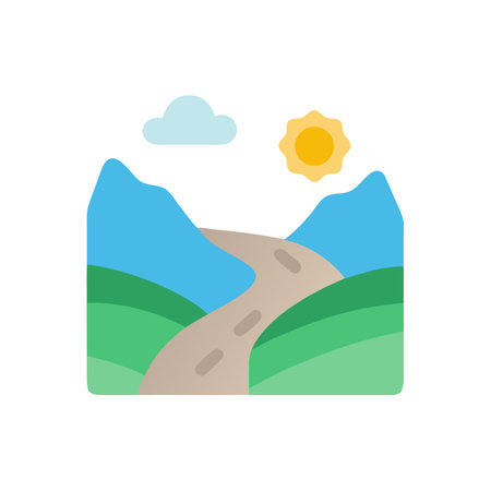 Cartoon landscape scene with road, hills, and sunのイラスト素材
