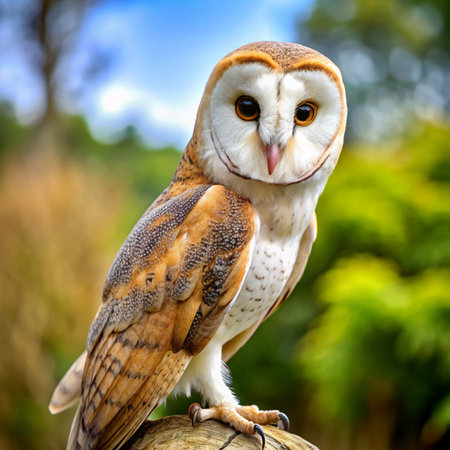 Portrait of beautiful Barn Owl (Tyto alba) on nature backgroundの写真素材