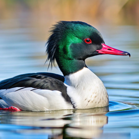 Common Merganser (Mergus merganser) swimming on a lakeの写真素材