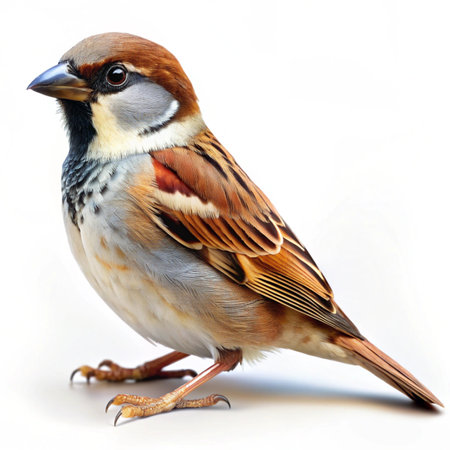 Portrait of a sparrow isolated on white background. Close up.の写真素材