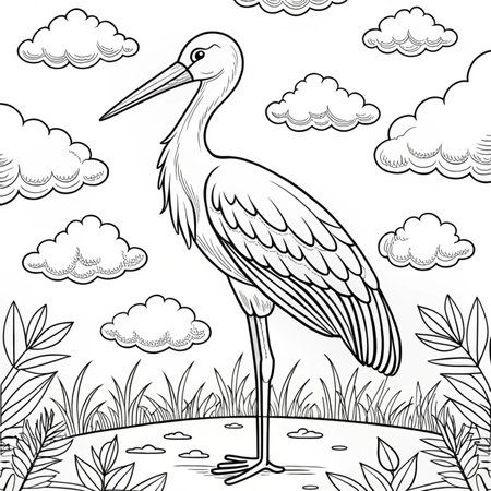 cute stork bird in the field with clouds vector illustration designの写真素材