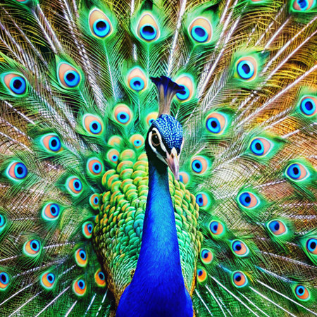 Portrait of beautiful peacock with feathers out. Animal background.