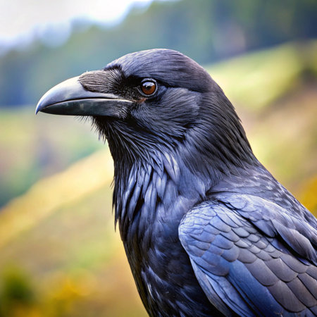 Closeup portrait of a black raven (Corvus corax)の写真素材