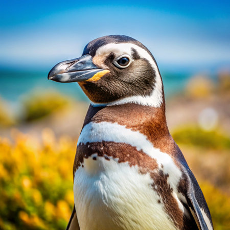Portrait of Humboldt penguin (Spheniscus humboldti) on the seashoreの写真素材
