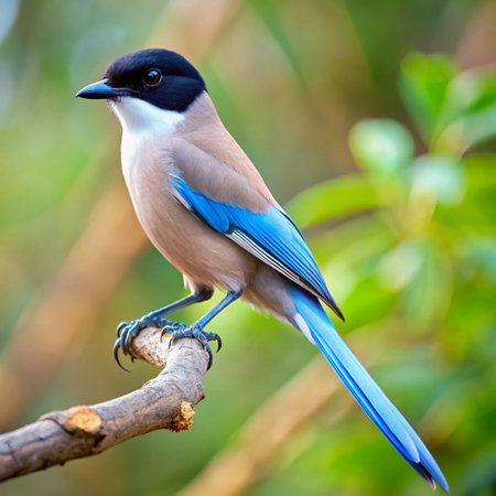 Blue-winged jay bird perching on a perchの写真素材
