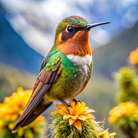 Beautiful multi-colored bird sitting on a flower in the gardenの写真素材